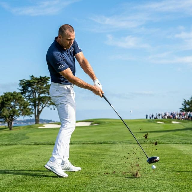 Golfer mid-swing on the course